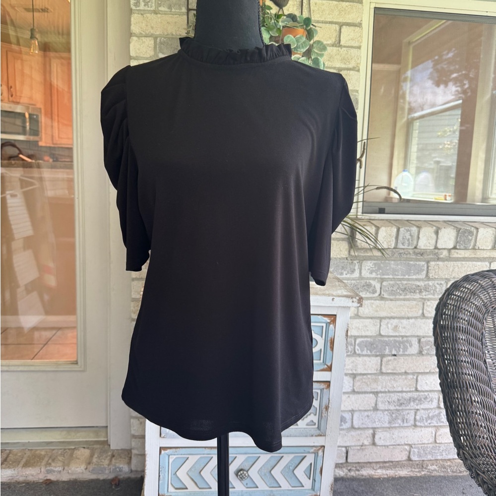 CeCe Black Ruffle Trim Blouse